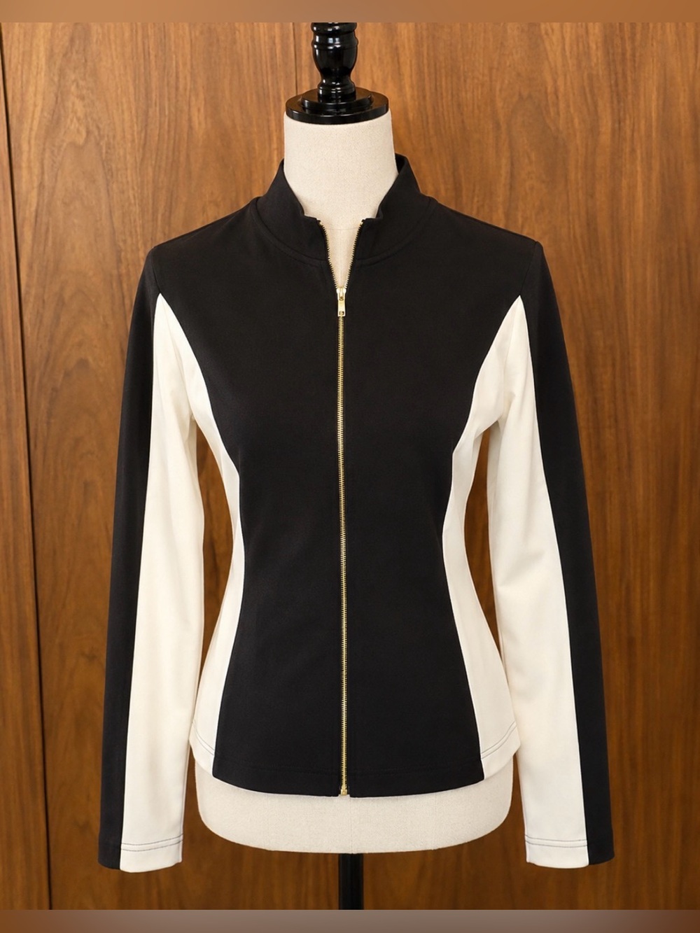 St. John Jacket Women M Black White Colorblock Zip Front Stretch Knit USA